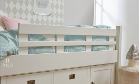 Bed met valbeveiliging, bedbank,kajuitbed,kleur snow white,alta,theo bot kinderbed